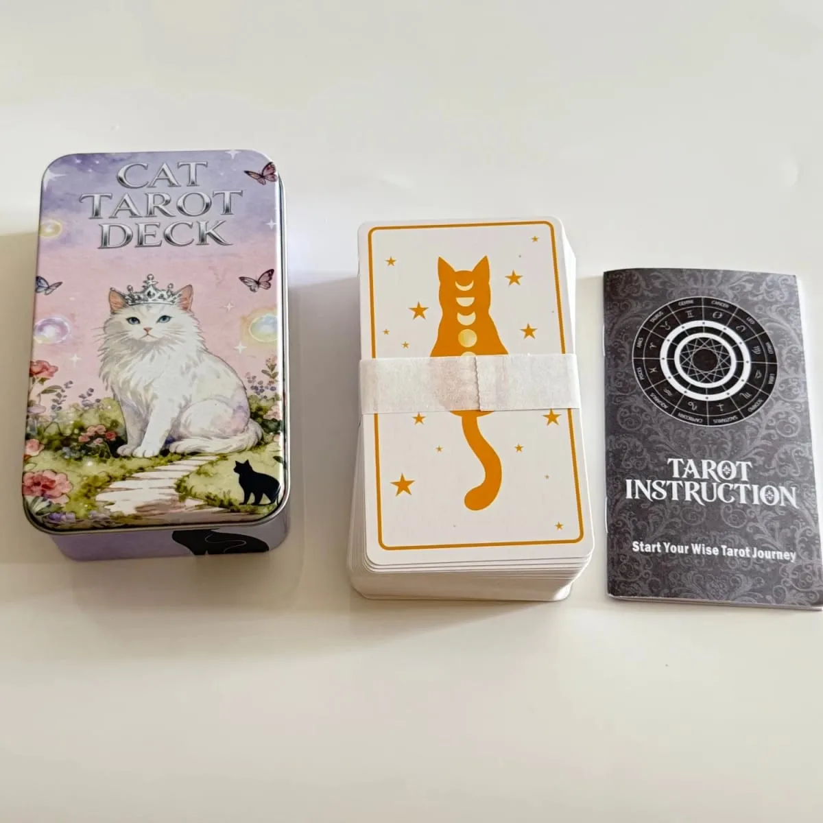 Baralho de tarô de gato 12*7cm em caixa de metal 350gsm, versão em inglês, cartas de tarô, jogos de tabuleiro com manual de instruções em papel