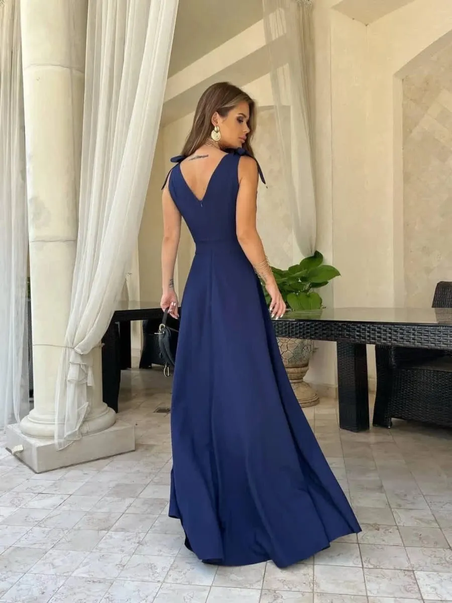 Cor sólida 2026 verão novo decote em v sexy divisão vestido de noite cinta espaguete sem mangas festa vestidos longos roupas femininas