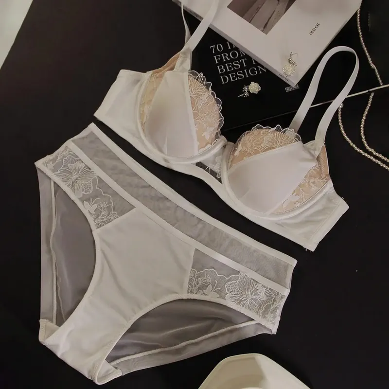 Conjunto de sutiã de renda plus size, busto grande, copo d, copo fino, cobertura completa, conjunto de lingerie curvilínea, roupa íntima feminina