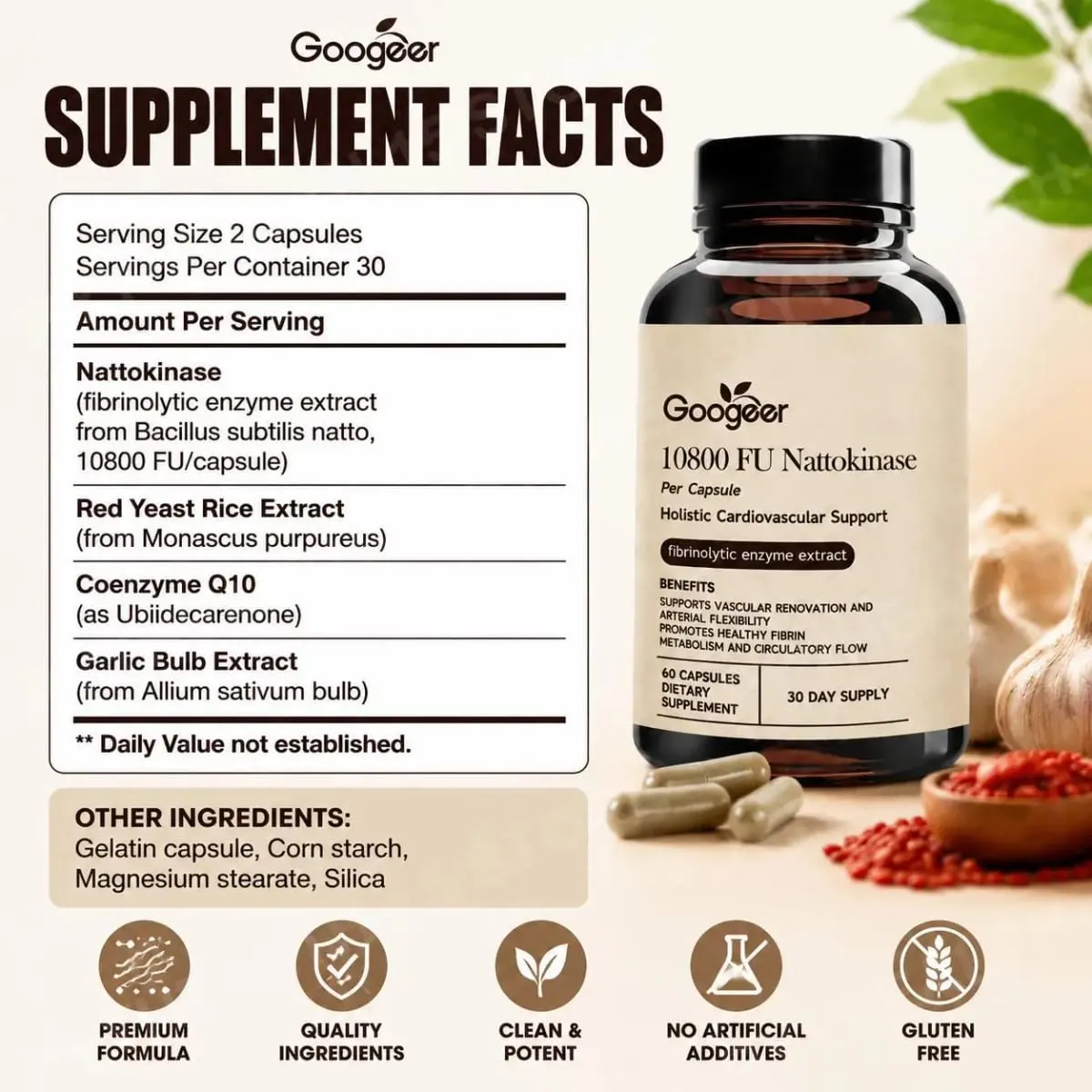 Googeer Advanced Enzyme CoQ10 Formula Capsules Clean Vegan Non GMO Daily Wellness Support Suplemento 60 Capsules Easy Use