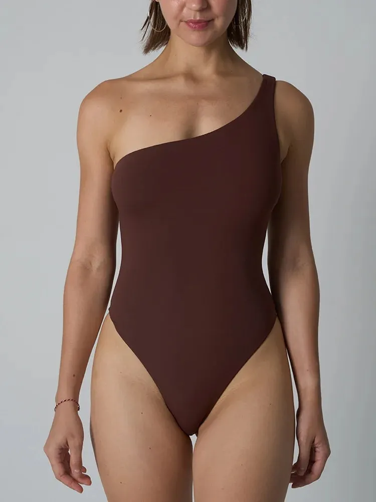 Macacão de ombro diagonal feminino sólido alta elasticidade fina shapewear bodysuit moda feminina streetwear magro esportes roupa interior