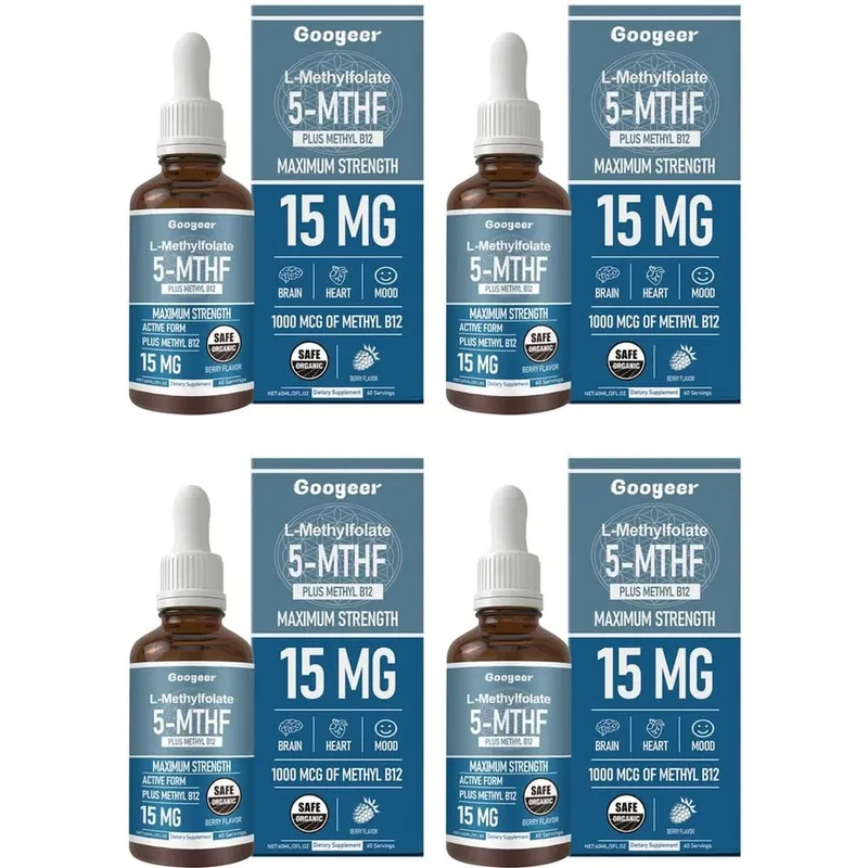 Googeer L-Metilfolato 5-MTHF Gotas Líquidas com Metil B12 15mg 1000mcg Força Máxima Coração Cérebro Humor Suporte 60ml