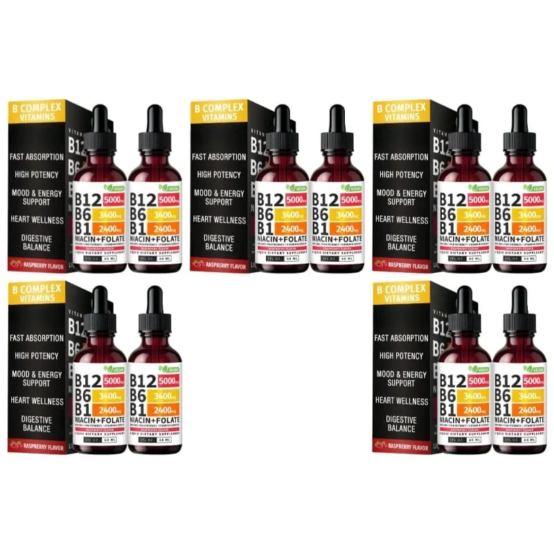 B12 b6 b1 niacina folato líquido sublingual vegan b-complex gotas para energia diária e suporte de foco framboesa para homens mulheres 60 ml