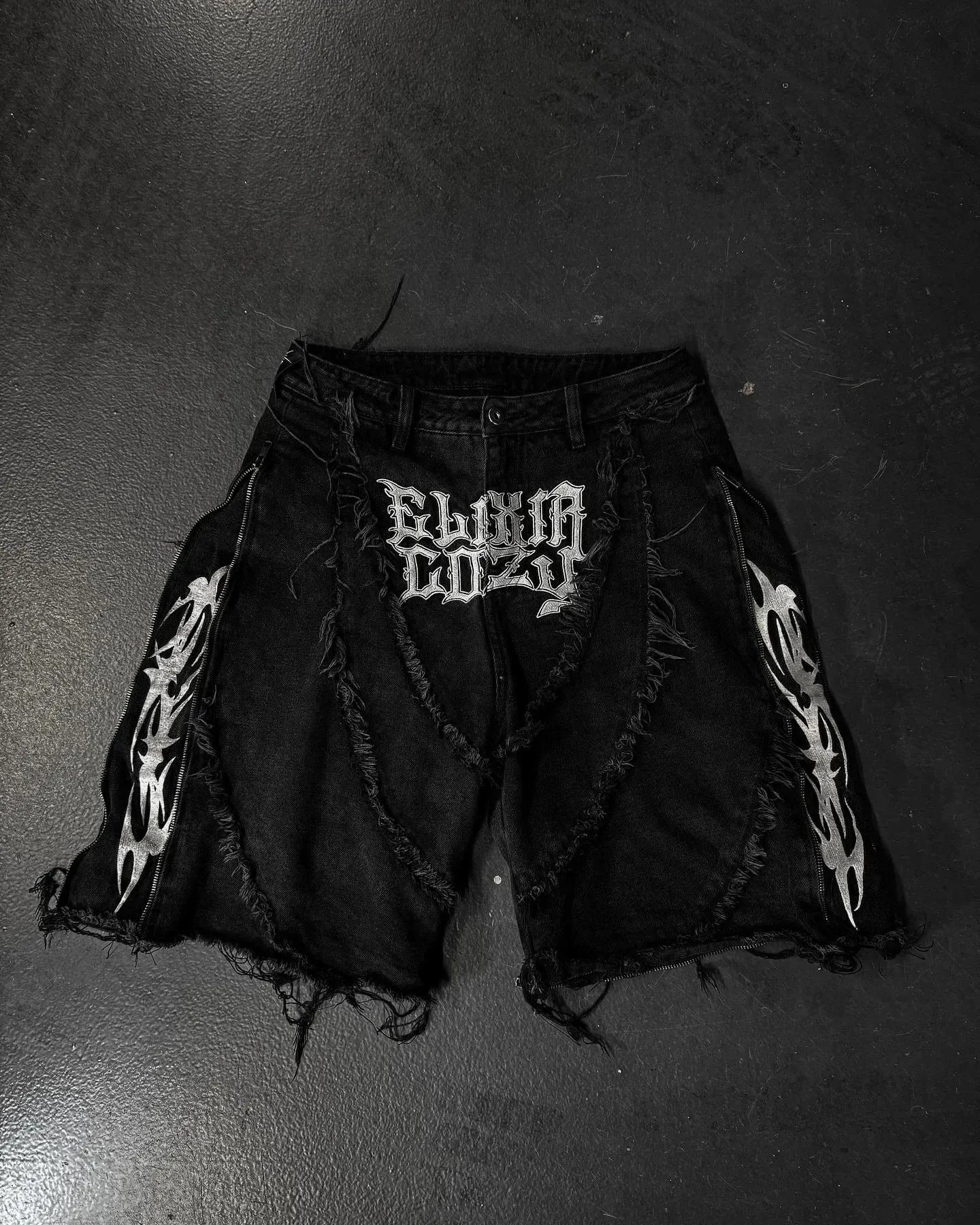 Elixir X Cozy 可拆卸牛仔褲復古龐克街頭拉鍊拼布條紋牛仔褲男士黑色寬鬆嘻哈拼接牛仔褲