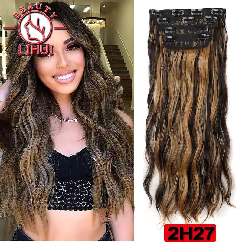 Long Curl Wave Clip In Hair Extensions 6Pcs/Set 16 Clips High Tempreture Synthetic Hairpiece Clip In Hair Extensions 24Inch