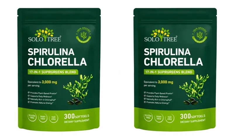 Solo Tree Spirulina Chlorella Softgels com Microalgas Orgânicas Vitamina B6 B12 Equilíbrio Digestivo e Suporte Imunológico 300 Softgels