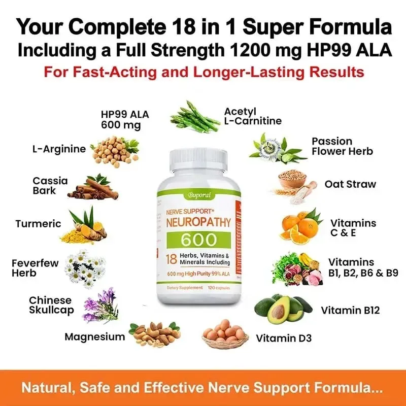 Suplemento de suporte para neuropatia 600 mg - Reduz o estresse, promove a saúde nervosa e a função cerebral. Energia celular não OGM