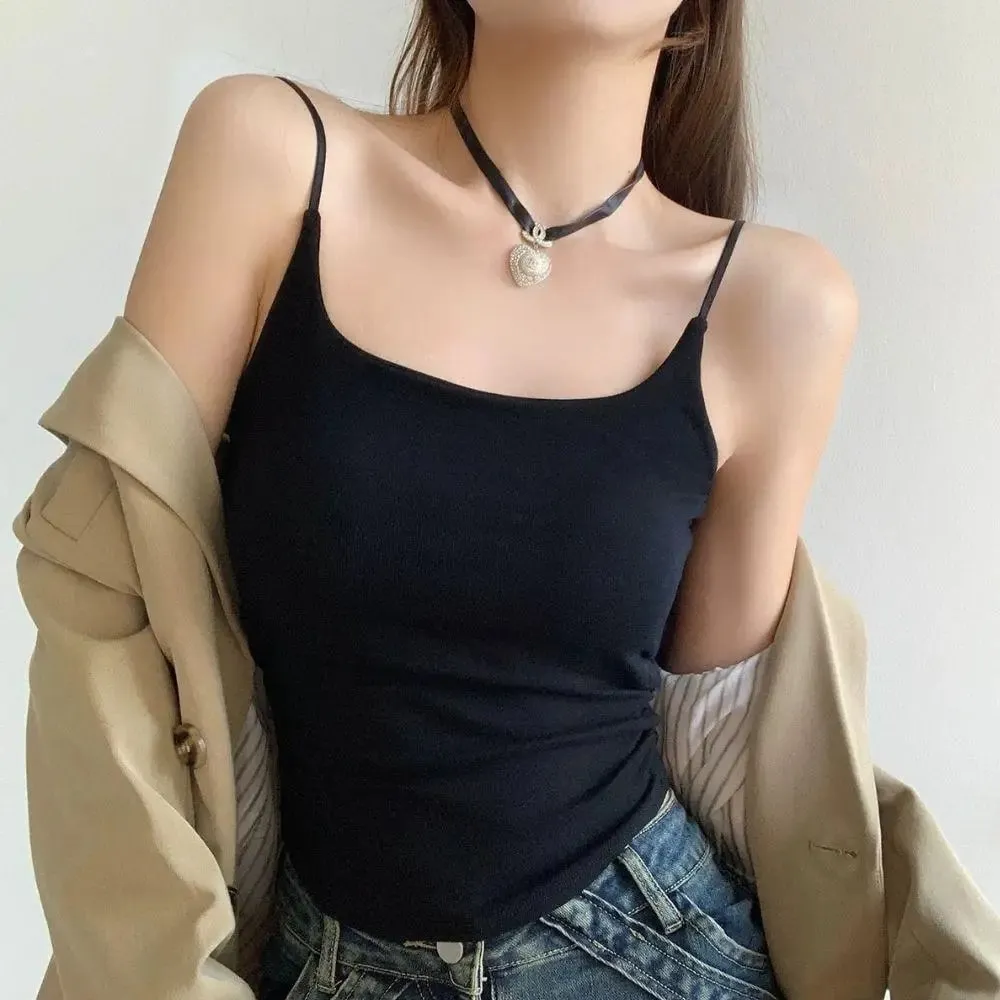 Feminino cor sólida alças de espaguete sem mangas camisola fina com almofada no peito moda feminina verão topo vestindo dentro e fora