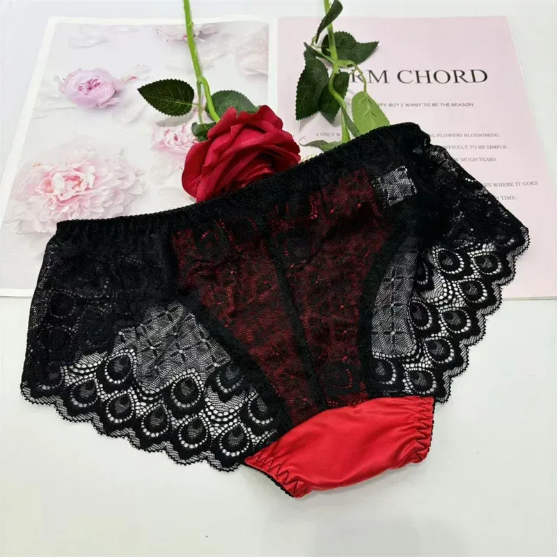Sexy men underwear elasticity smooth underpants Transparent, breathable, Red lace Men's Briefs