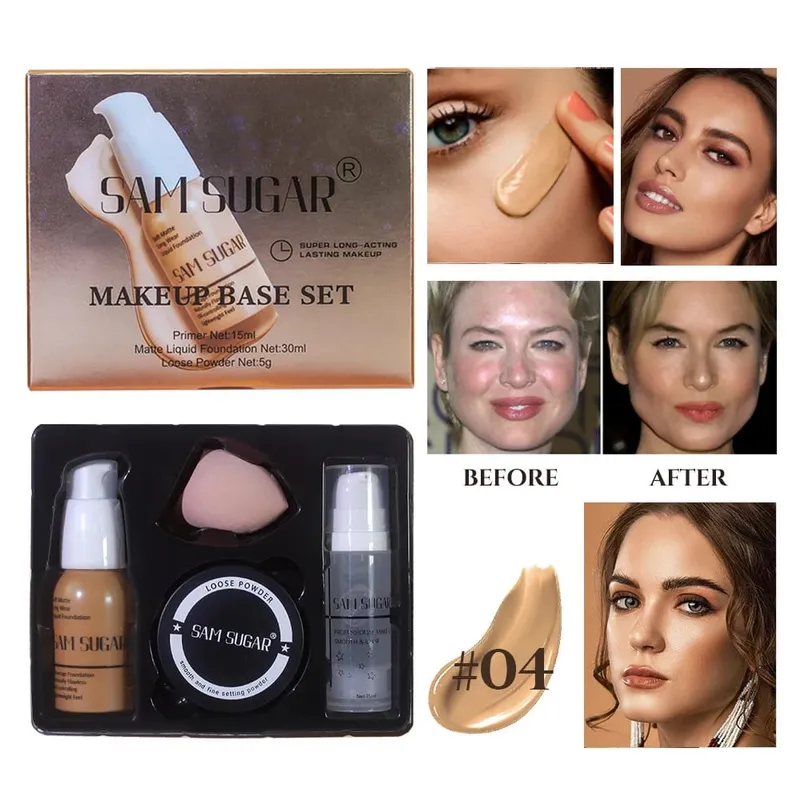 Makeup Base Set With 15ml Primer 30ml Matte Foundation 5g Loose Powder Puff For Smooth Flawless Skin Longwear