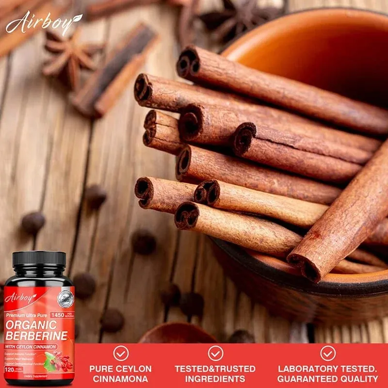 Cápsulas de berberina - com canela do Ceilão - equilíbrio de açúcar no sangue, saúde cardiovascular, ajuda na digestão, promove o metabolismo
