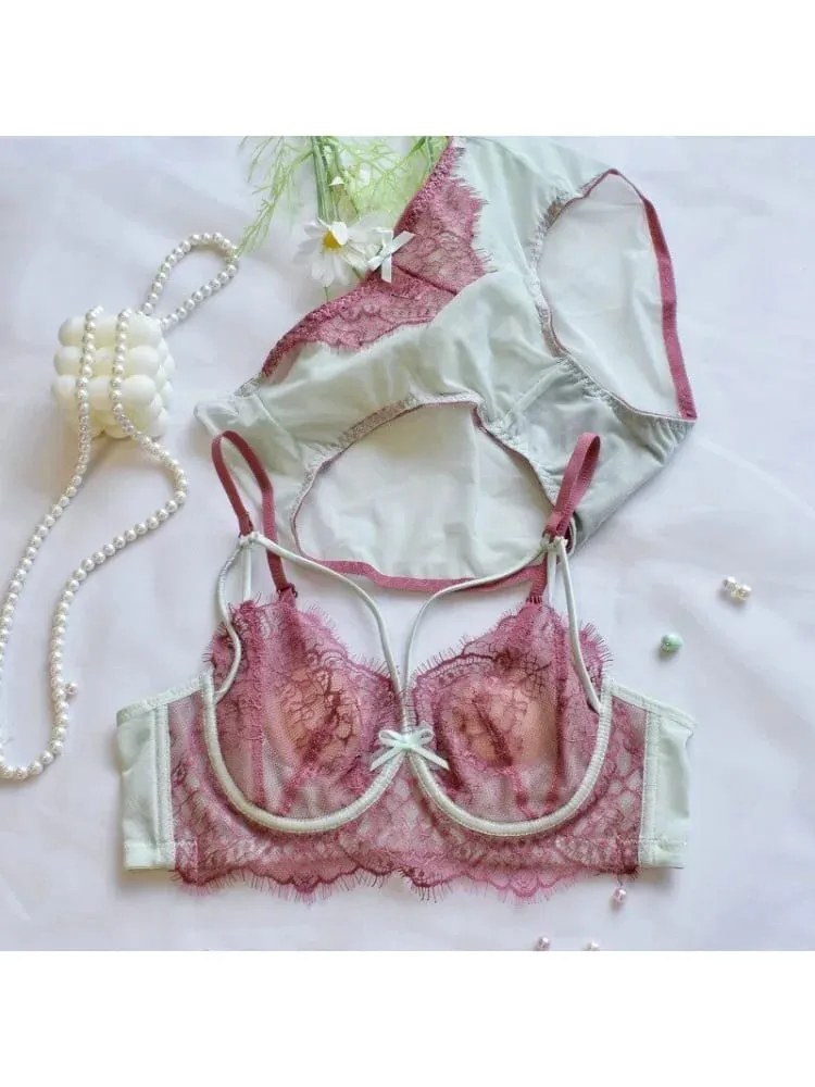 Coreano tendência quente puro desejo conjunto de sutiã de renda underwire copo fino push up grande busto visualmente pequeno anti droop lingerie 32-38 quente — image 2