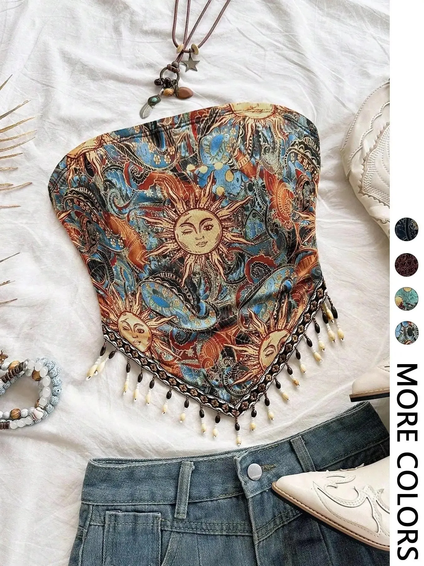 Ladies' 1pc Printed Mesh Knitted Tube Top with Triangular Hem And Beaded Fringe Trimmings