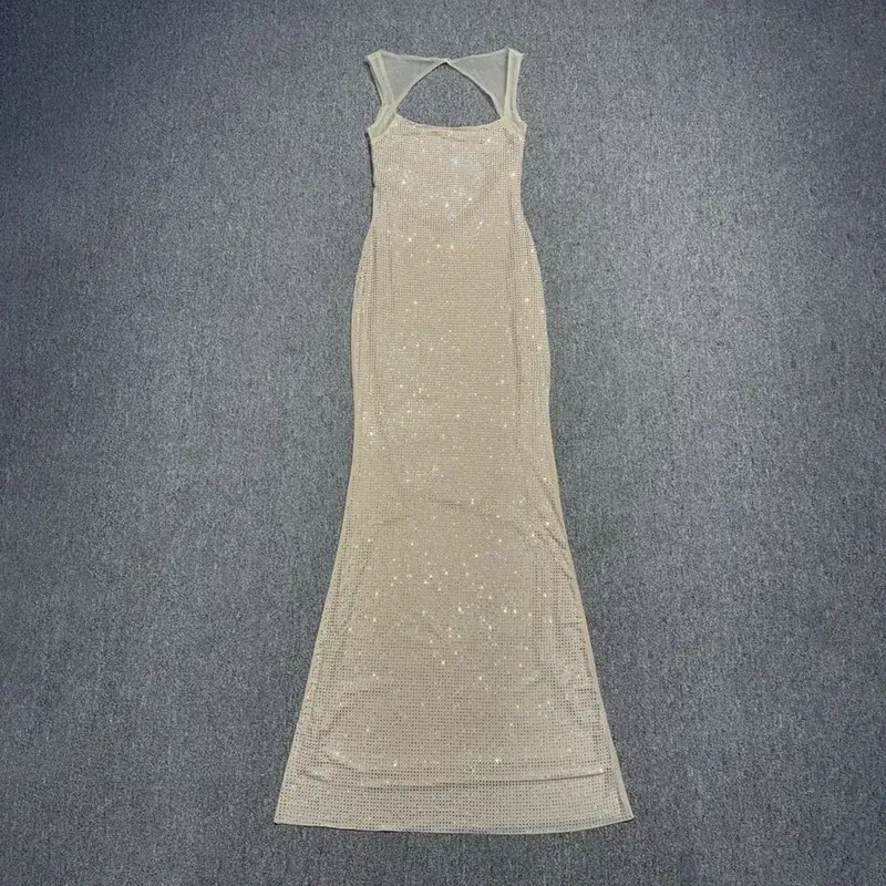 Multi cores sem costas brilhantes strass malha retalhos vestido longo para mulheres magro bodycon festa à noite vestidos de cocktail