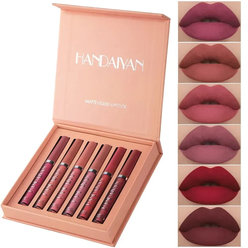 6 pçs/set Lip Gloss Longa Duração À Prova D 'Água Matte Lip Tint Copo Antiaderente Batom Líquido Caixa de Presente Cosméticos Maquiagem