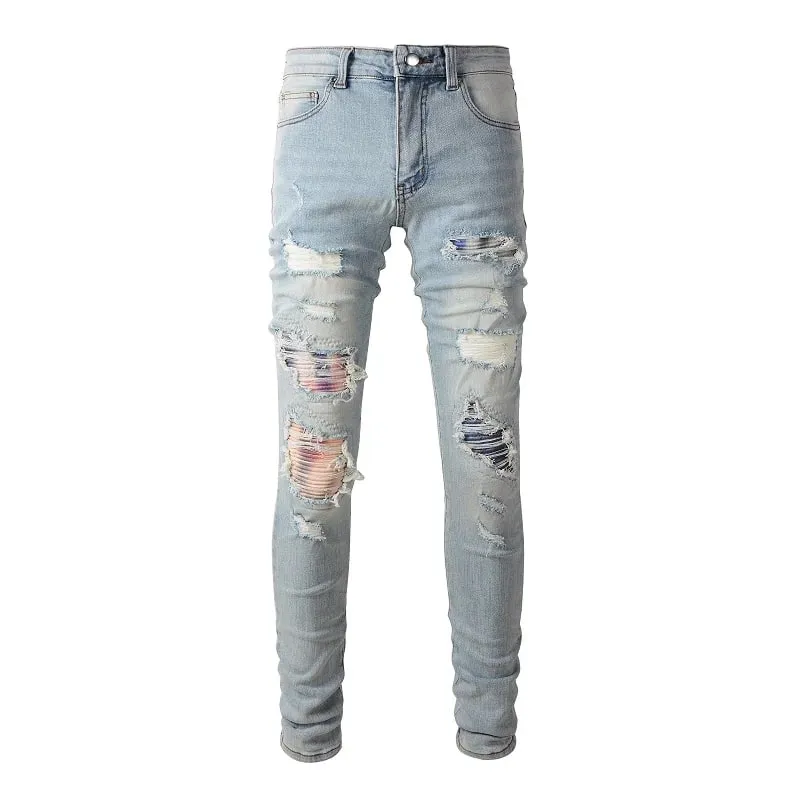 Homens rachados remendo estiramento jeans buracos rasgados retalhos calças streetwear azul claro magro calças cônicas