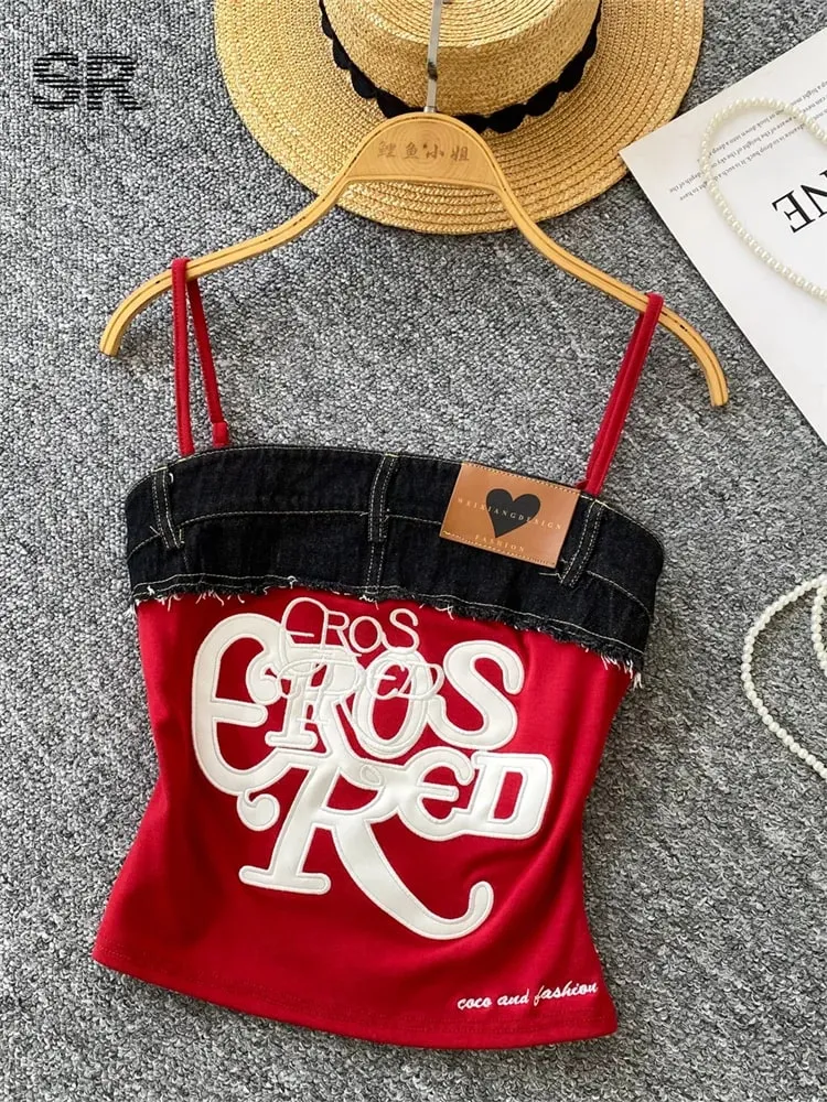 Americano retro y2k cinta topos carta bordado denim retalhos design de moda feminina hotsweet streetwear magro topo de colheita
