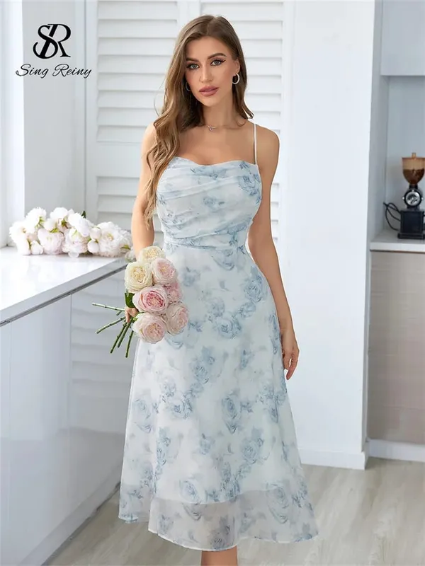 Women Floral Spaghetti Strap Dress Elastic Ruched Sexy Hollow Backless Party Dress Summer Boho Vacation Beach Sundress