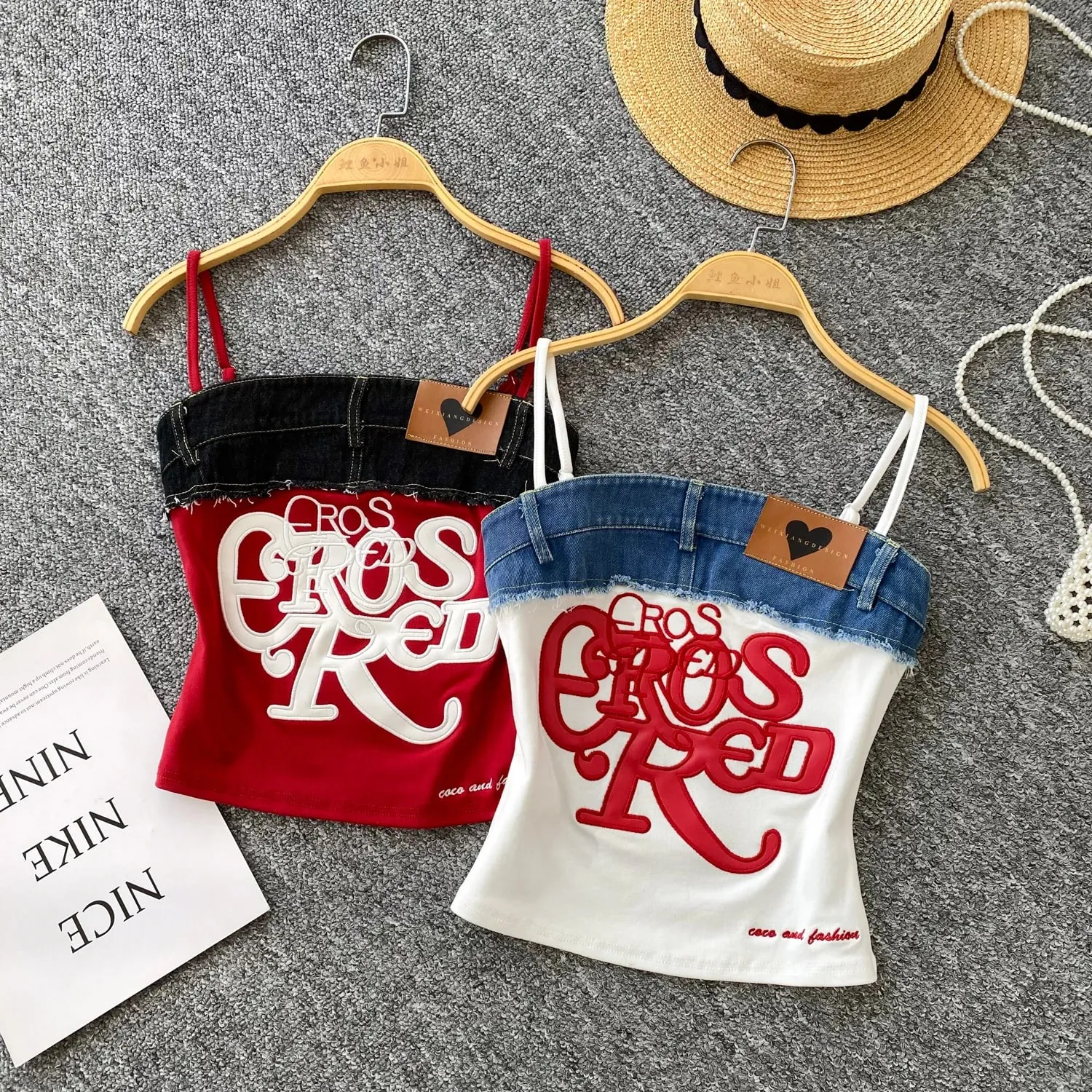 Americano retro y2k cinta topos carta bordado denim retalhos design de moda feminina hotsweet streetwear magro topo de colheita — image 7