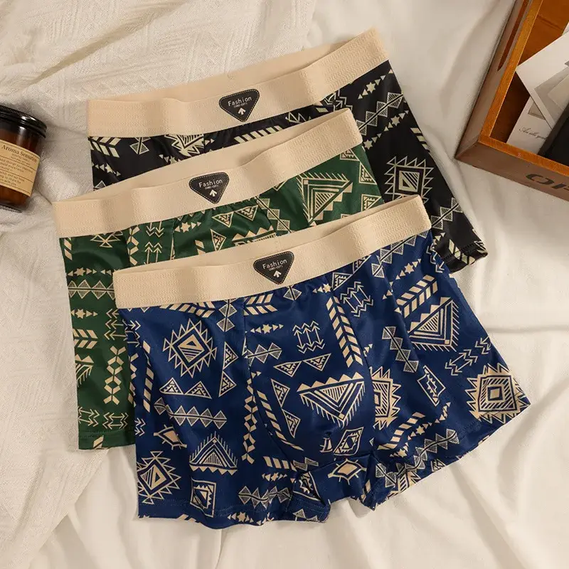 Men's Boxer Retro Ethnic Style Comfortable Smooth Fabric Briefs Vintage Print Elastic Underwear for Man Lingerie Flat Underpants