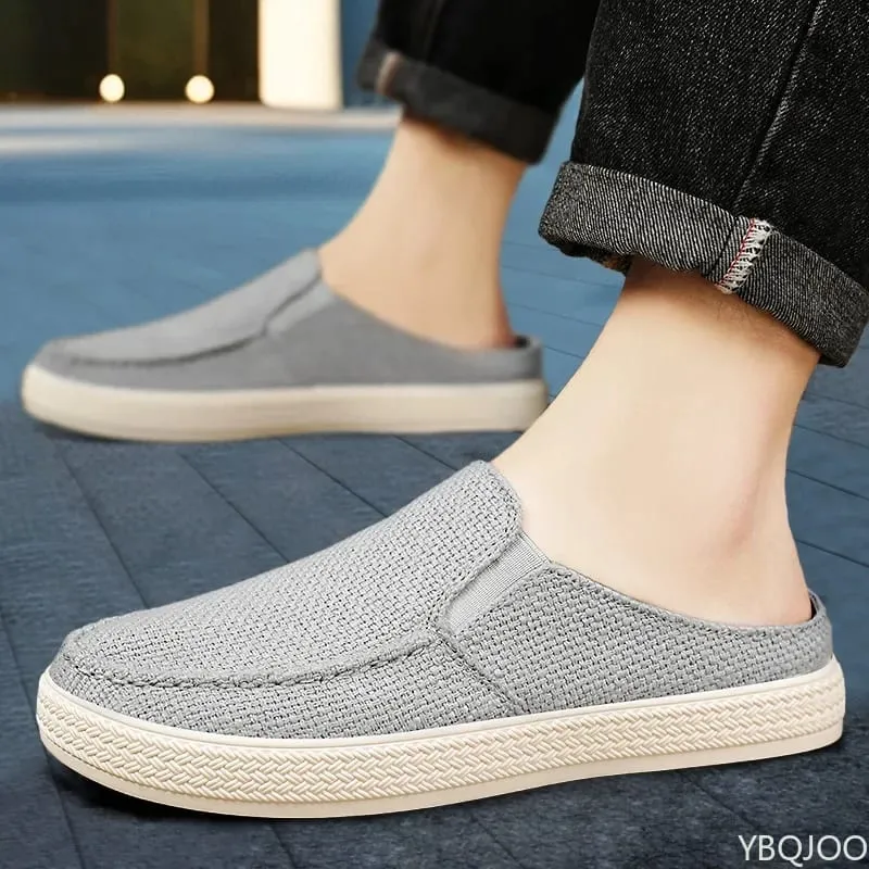 Verão respirável cor sólida versátil e confortável sapatos de pano masculinos de um pé casuais leves meio arrasto mocassins