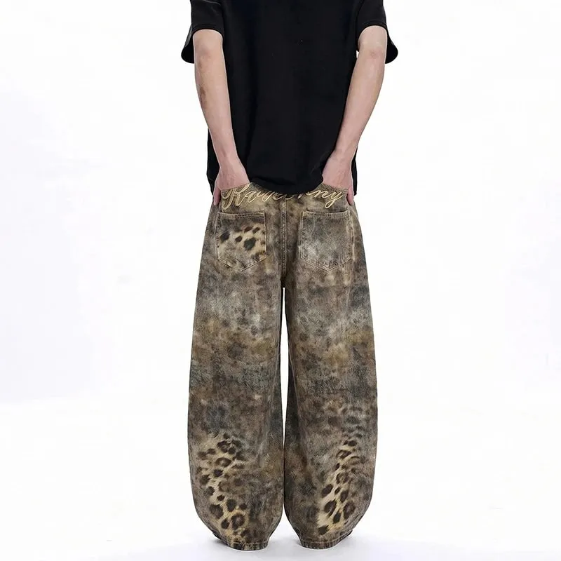 Calça jeans masculina vanguardista com estampa de leopardo, perna larga, larga, solta, casual, calça comprida 9x2894