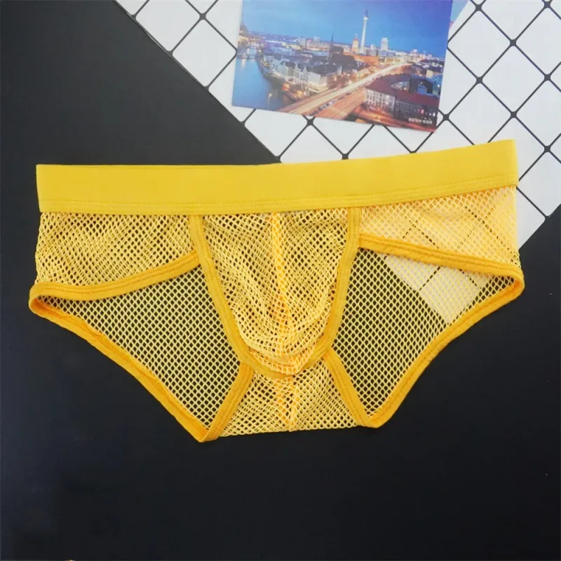 Plus size malha roupa interior masculina transparente grande fishnet u bolsa briefs masculino cintura baixa cor sólida sexy perspectiva calcinha masculina