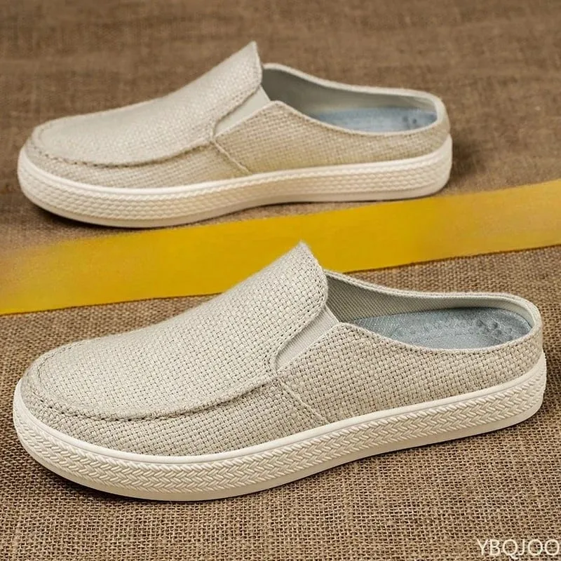 Verão respirável cor sólida versátil e confortável sapatos de pano masculinos de um pé casuais leves meio arrasto mocassins