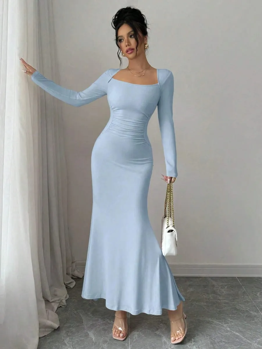 Feminino quatro estações novo estilo feminino elegante temperamento retro cor sólida gola quadrada vestido de manga longa