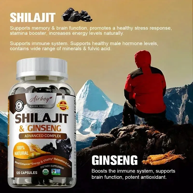 Shilajit e Ginseng - Suporte de energia e vitalidade, melhora a clareza mental, suporte imunológico, aumenta a resistência, crescimento muscular