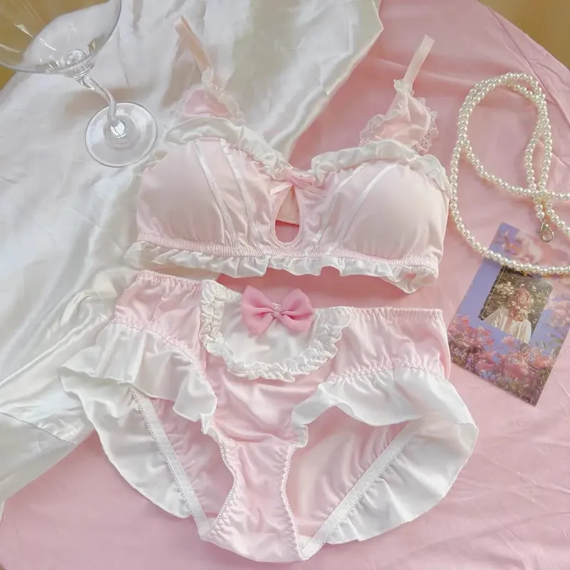 Bonito japonês coelho orelha sutiã calcinha conjunto sem fio fino triângulo sutiã para pequeno peito plano respirável roupa interior diária S-XL