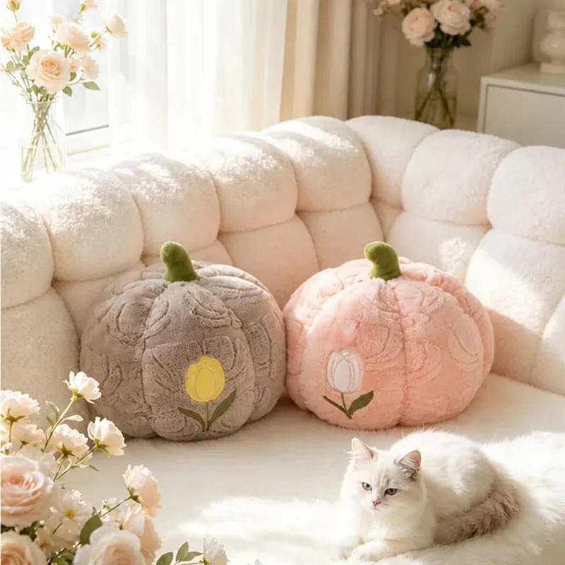 Cute Pumpkin Throw Pillow With Tulip Embroidery Soft Plush Pumpkin Shaped Cushion Pillow For Sofa Living Room Hallowmas Gifts