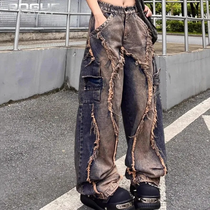 Y2k grunge desconstruído jeans desgastados unissex retalhos lavados perna larga calças jeans hip hop streetwear harajuku punk