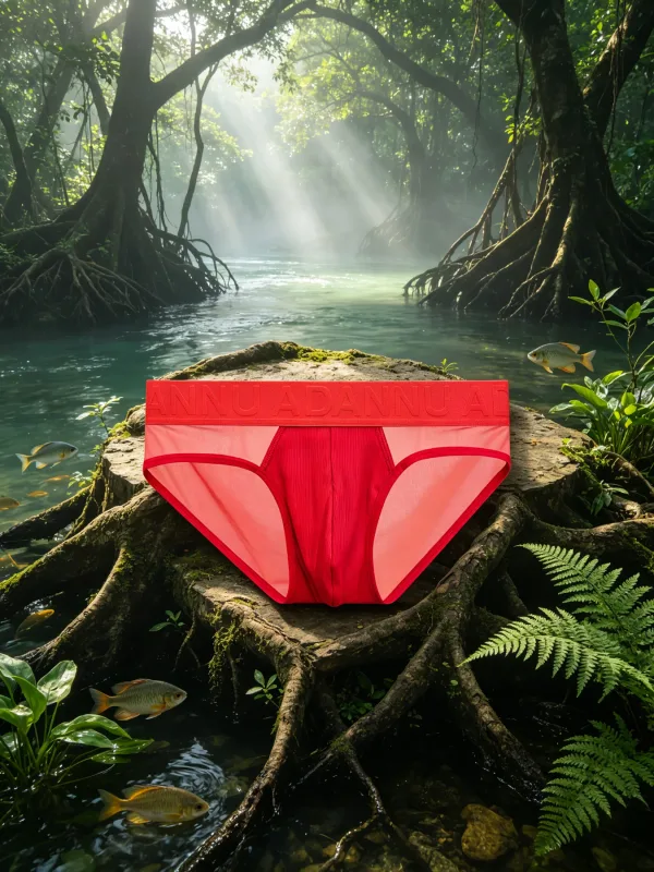 Cueca triangular masculina de cintura baixa, painel de malha lateral, material de grão vertical, bolsa de contorno 3D, letra em relevo, elástico largo