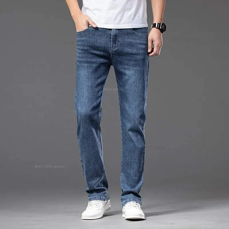 2026 Summer New Men's Thin Jeans Elastic Waist Loose Straight Comfortable Casual Denim Pants Brand Trousers Plus Size 42 44 46