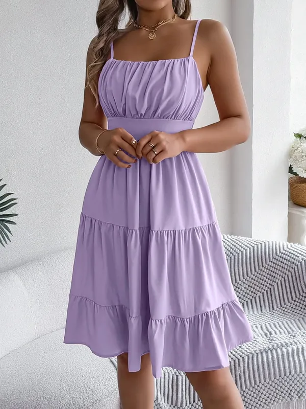 Casual Vacation Ruffled Camisole Dress Spring Summer Women's Solid Dresses For 2026 Valentine's Day Woman Clothing Pink Blue
