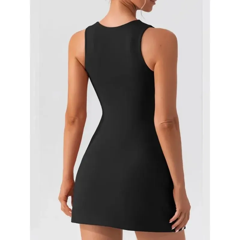 Verão elegante cor sólida simples pescoço quadrado sem mangas curto dresst nova moda versátil casual feminino magro básico vestido — image 5