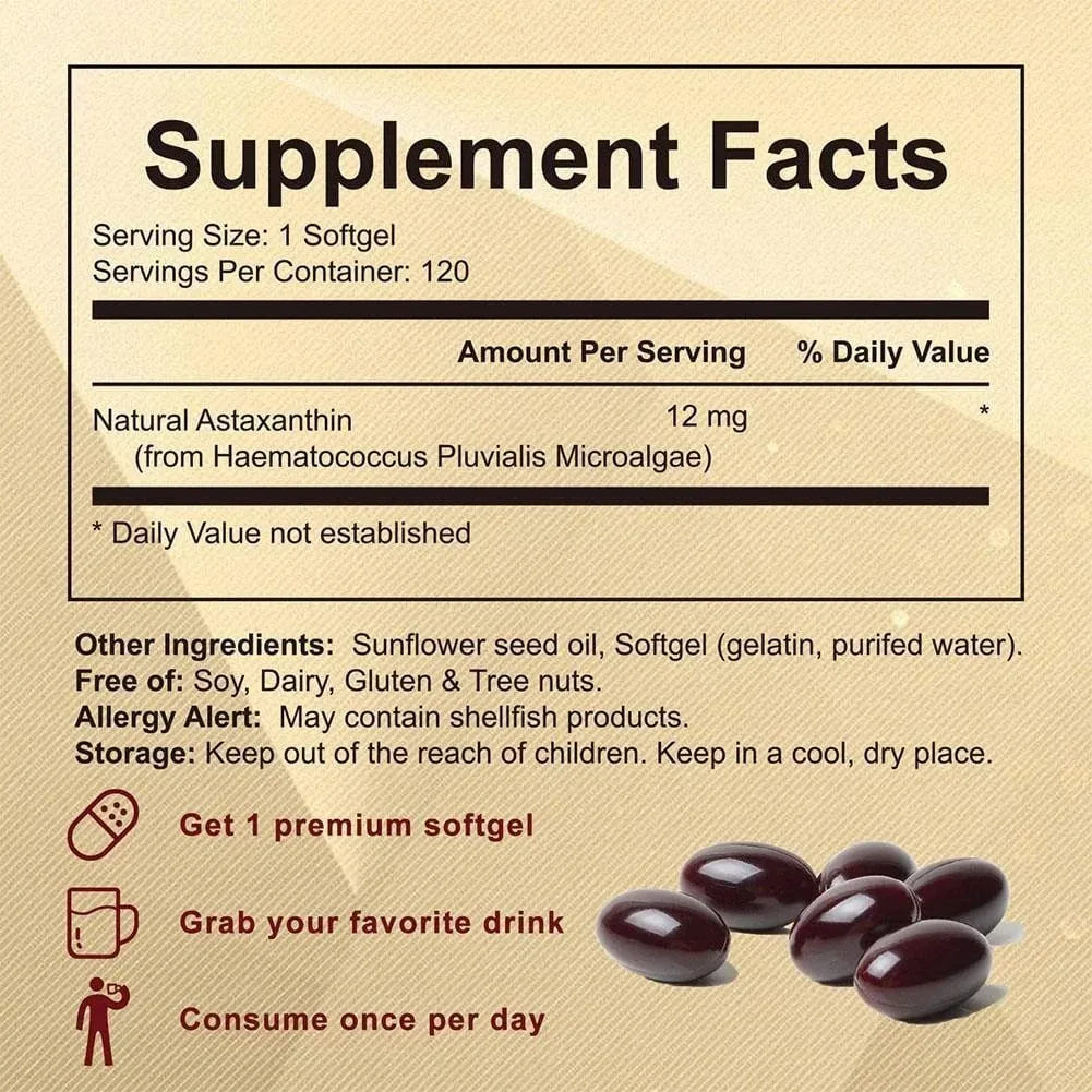 Premium Astaxanthin Capsules Antioxidant Supplements Supports Eye Joint Internal Circulation Skin Health & Natural Tanning