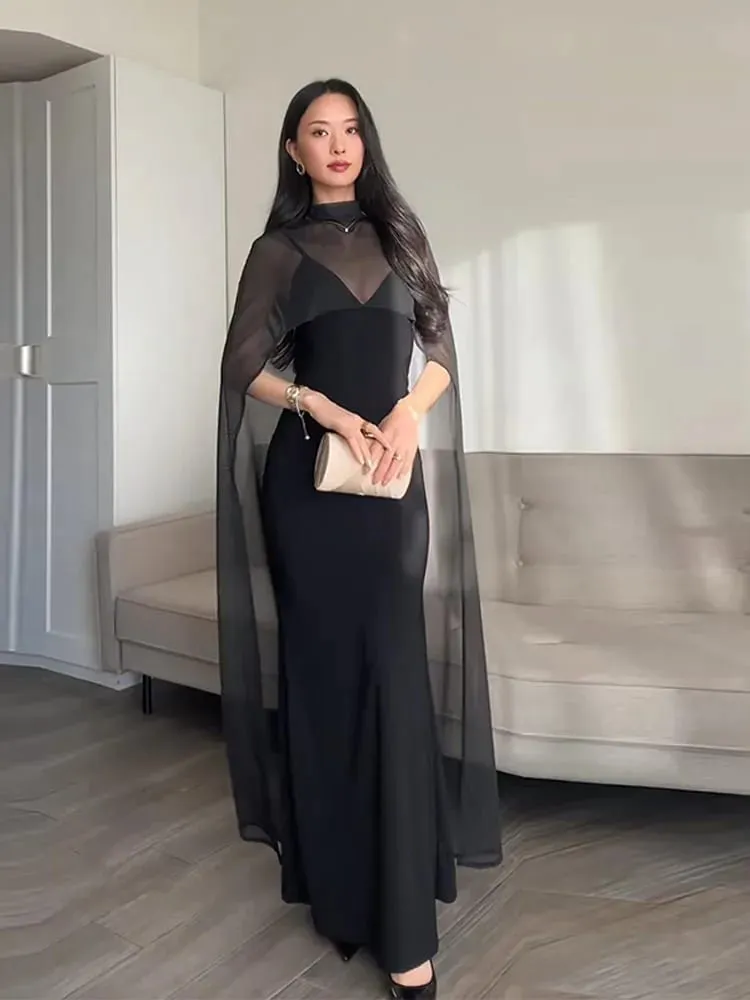 Sheer cape vestidos de noite femininos elegantes fino com decote em v sem costas sem mangas hip pacote vestido para mulher 2026 senhora vestidos de festa — image 2