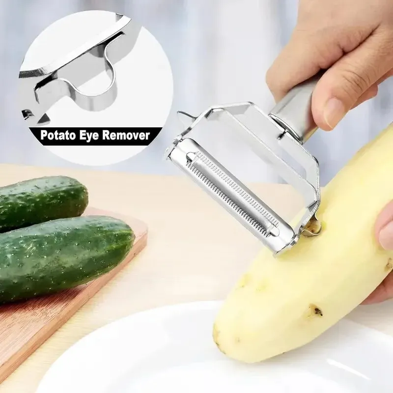 Descascador de vegetais em aço inoxidável 4 em 1, ferramenta multifuncional de cozinha com alça ergonômica antiderrapante para batata, cenoura, pepino
