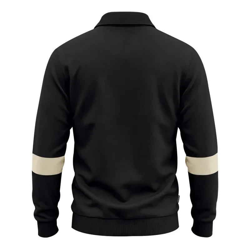Men Lapel Polo Sweatshirt, Color Block Long Sleeve Pullover, Loose Solid Casual Top for Spring Autumn Daily Outfit