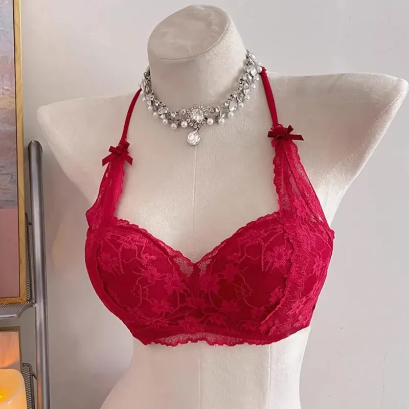 セクシーな BANERDANNI Halter Bow Lace Bra Acolchoado Push Up Sem Fio Sem Armação Interior Macio Lingerie Busto Pequeno Conforto Diário Wear`