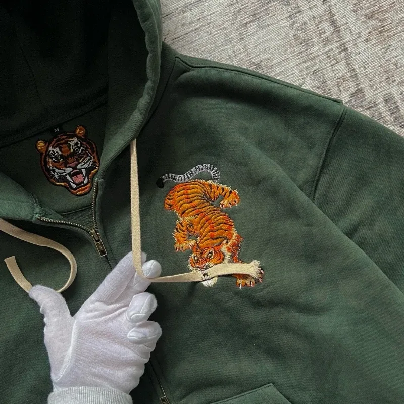 Dark Brown Full Zip Hoodie Double Men Wolf Embroidery Drawstring Pocket Oversized Y2K Grunge Vintage Street Zip Up Sweat Jackets