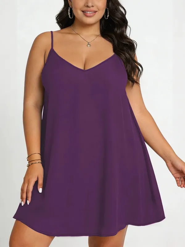 Vestido maxi cor pura com decote em V assimétrico bainha plus size malha alça espaguete conforto macio sem esforço chique casual para todas as estações vestido longo leve sólido fluido sem mangas para mulheres curvilíneas