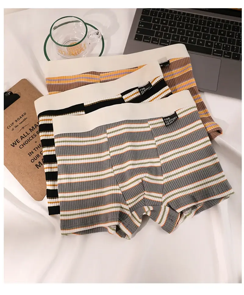 Men's Cotton Panties Sexy Stripe Comfortable Underpants Elastic Breathable Boxer Shorts U Bulge Pouch Male Underwear Cueca Homme