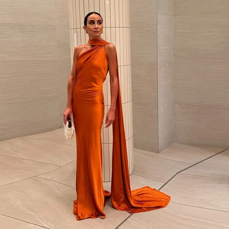 Ribbon Hanging Neck Long Dresses Slanted Shoulder Lace Up Backless Silky Satin Temperament Slim Fit Halter Woman Fishtail Dress