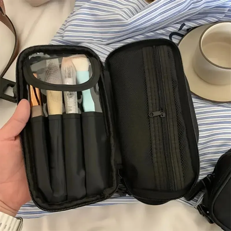 Large Capacity Makeup Brushes Storage Bag Double-Zipper Comestic Tools Organizer Wide-open Vertical Free-Standing Brush Holder