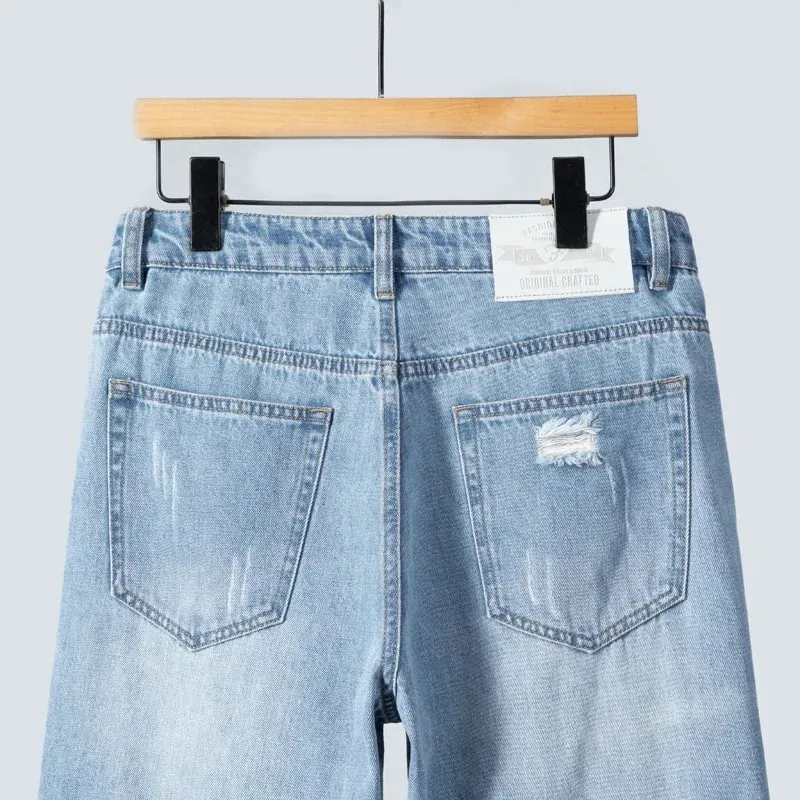 Verão fino rasgado jeans dos homens em linha reta respirável lavado denim calças casuais streetwear harlen tornozelo comprimento calças azul claro