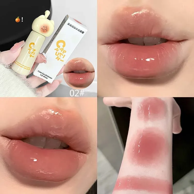Gato bonito espelho de água brilho labial hidratante duradouro rosa damasco matiz labial esmalte nude batom coreano maquiagem menina