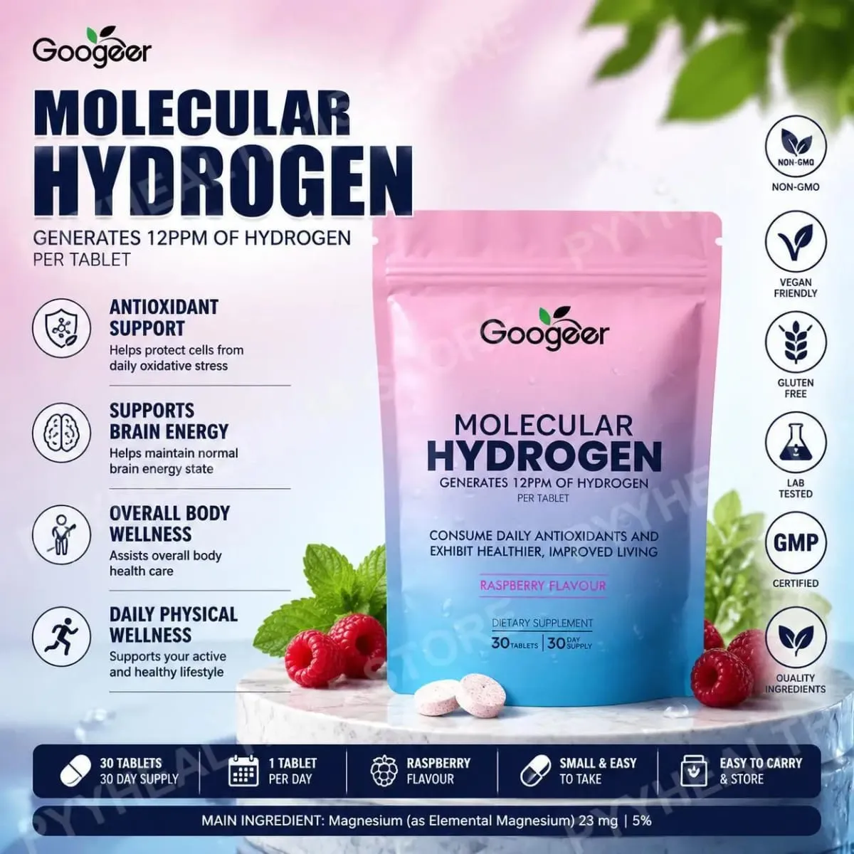 Comprimidos de água de hidrogênio molecular 12 ppm com sabor de framboesa de magnésio, bem-estar diário e suporte antioxidante 30 comprimidos